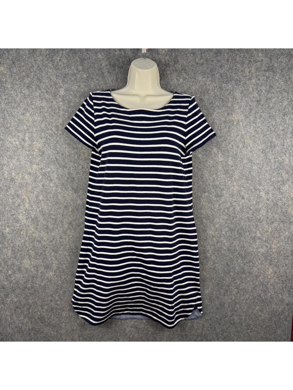 Loft Navy Blue White Stripe SS Knit Dress Boat Neck Medium Nautical Classic 540